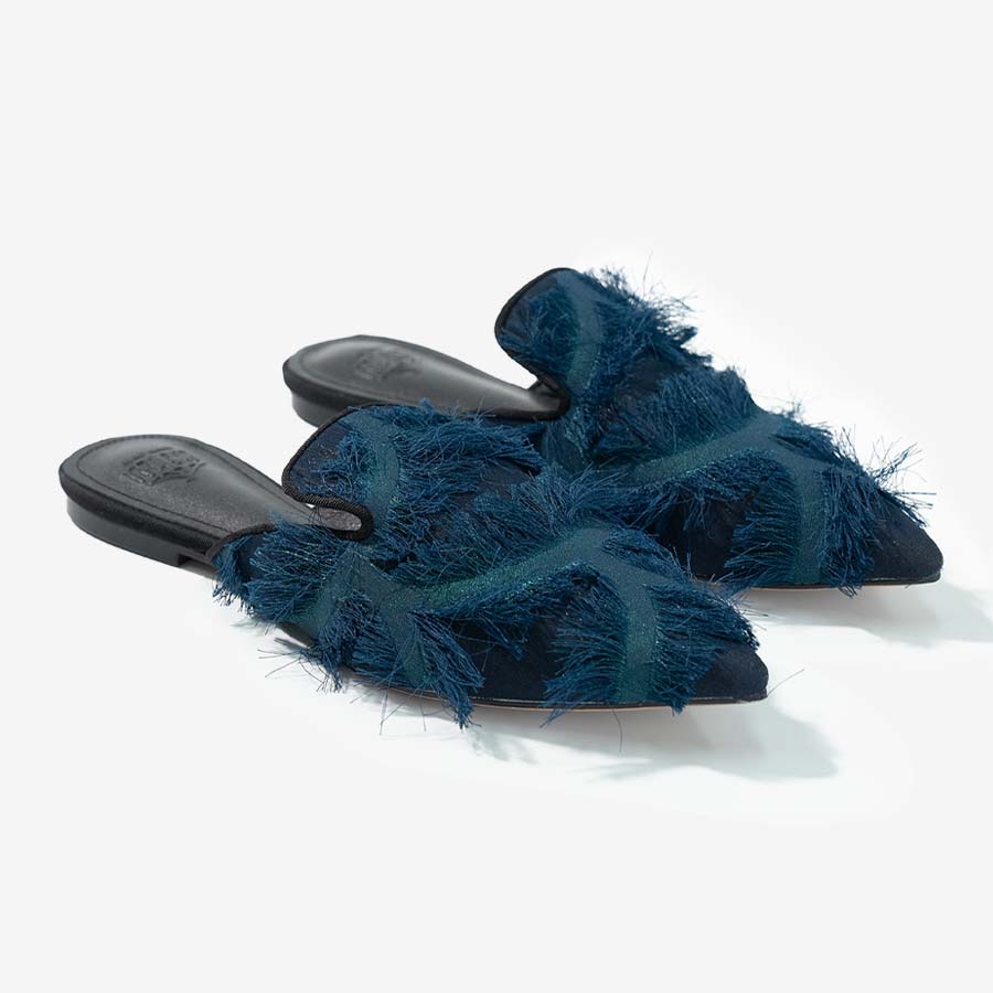 Dark Green Fringe Mules
