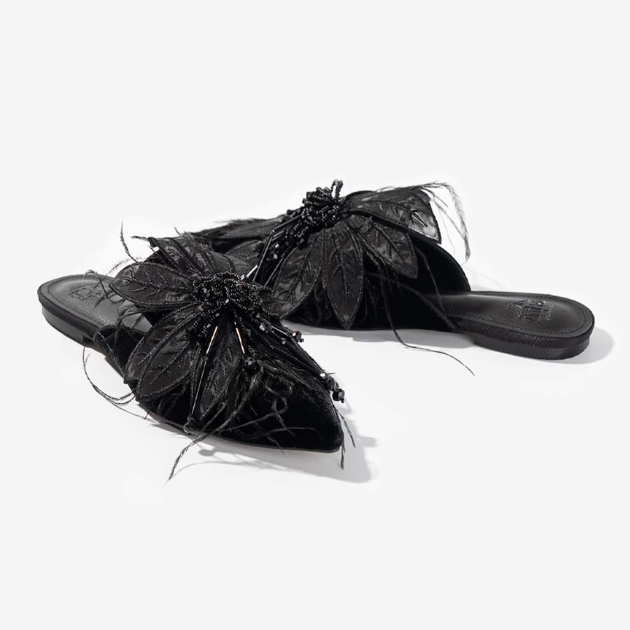 Feather embroidery rhinestone Mules