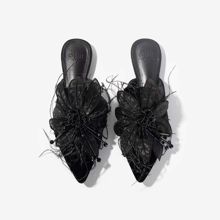 Feather embroidery rhinestone Mules