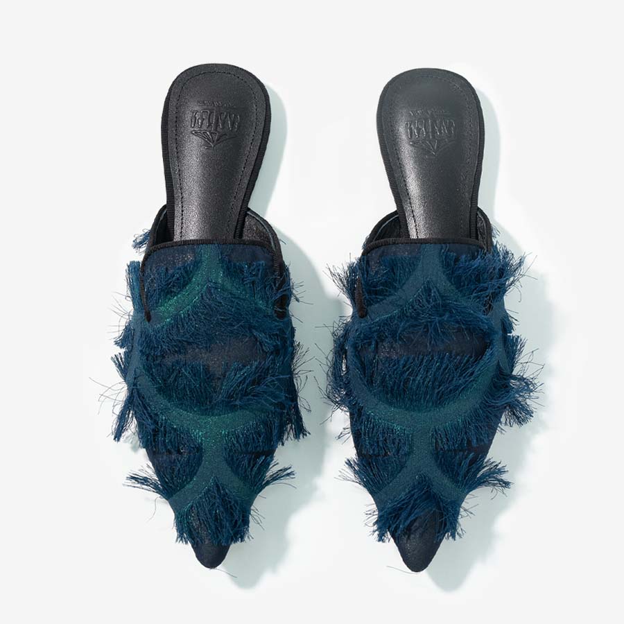 Dark Green Fringe Mules