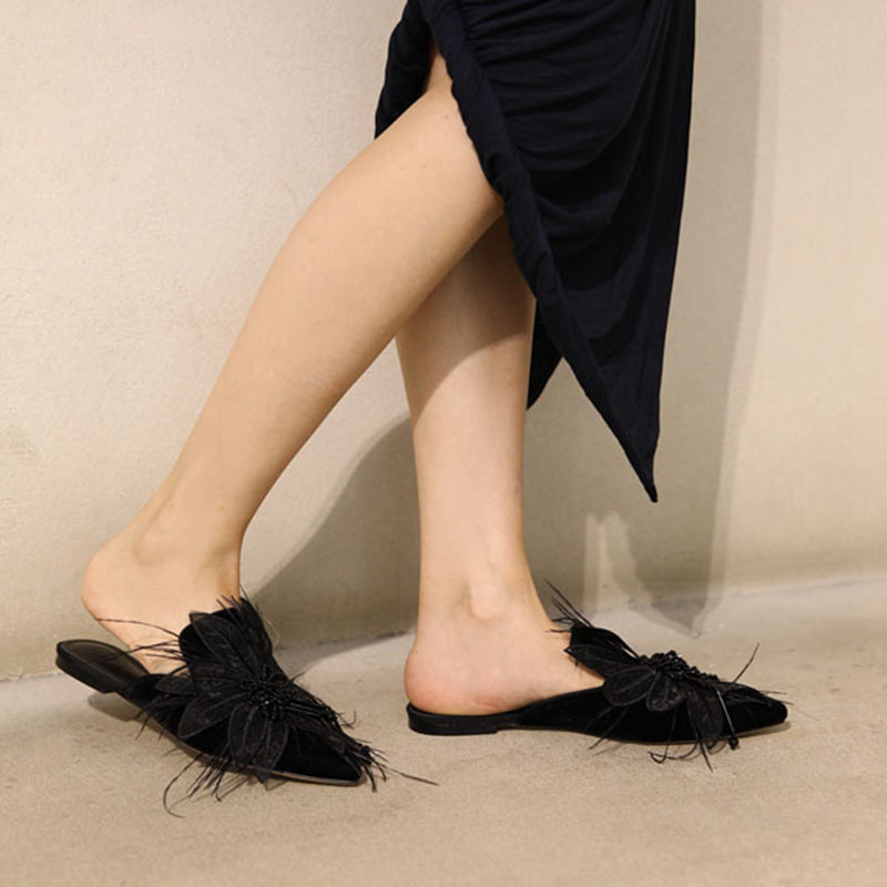 Feather embroidery rhinestone Mules