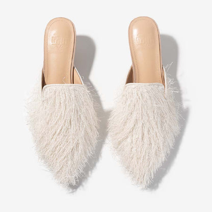 Silken Tassel – Ivory Fringe Mules with Eastern Flair